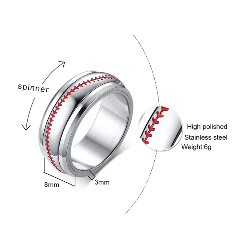 Stainless steel baseball rotating ring creative sports ring jewelry