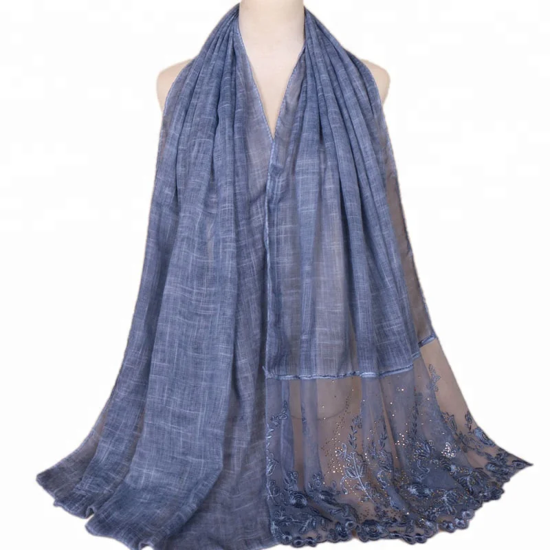 Wholesaler Fashion Beautiful Soft Cotton Lace Diamond Tie Dye Solid Color Islamic Muslim Women Hijab Shawl Scarfs pashmina