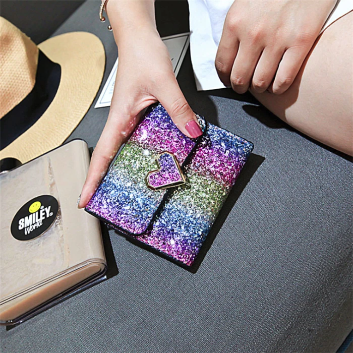 Wholesale korean fashion small short design girls women bling sequins glitter wallets for lady