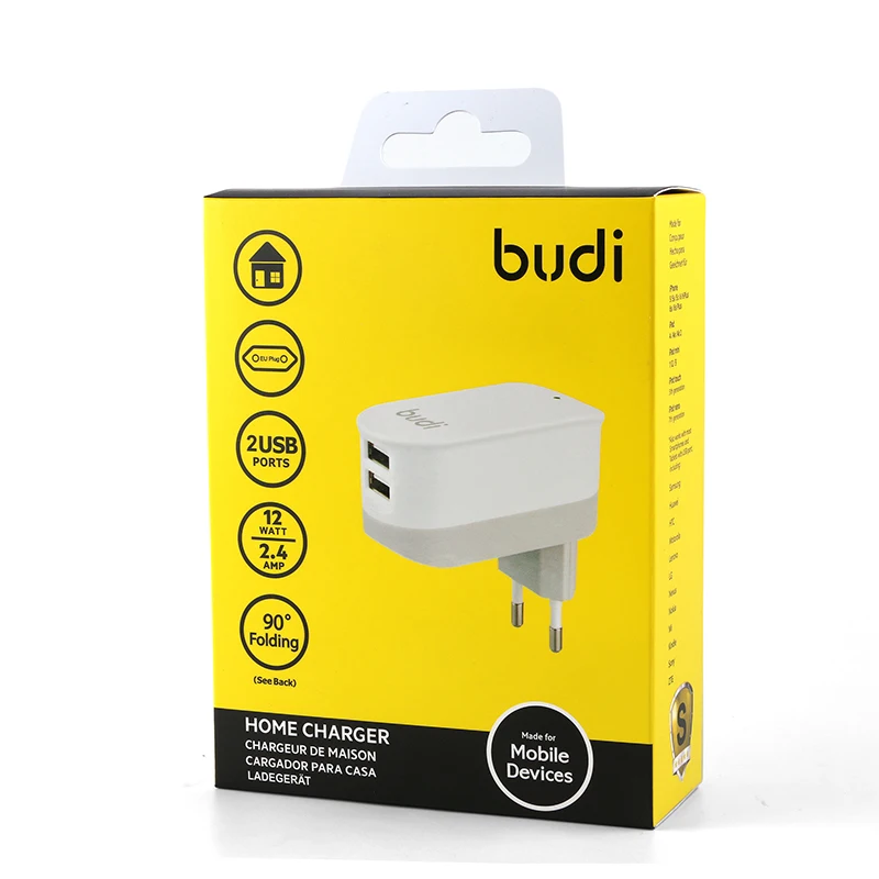 
budi 2018 newest design usb charger 2 ports with eu foldable plug for phone 