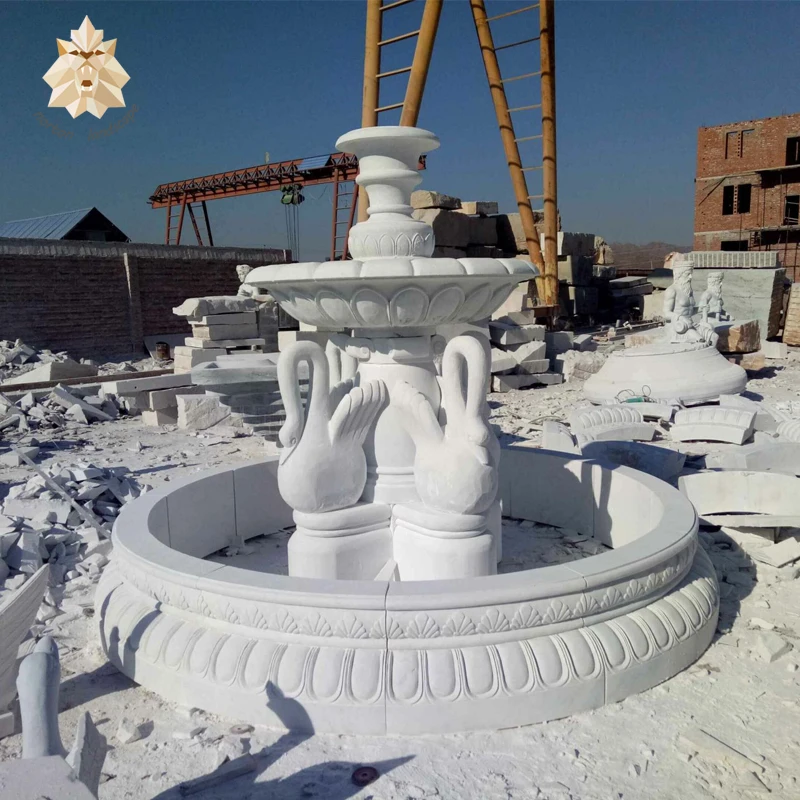 Large villa decor stone lady statue and animal swan sculpture white marble water fountain for sale NTMFO-125Y