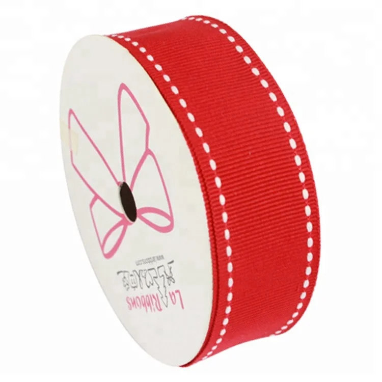 LaRibbons 1' 25mm Red Grosgrain Ribbon with White Saddle Stitching