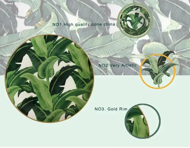 high temperature wholesale white gold rim green banana tree ceramic palm leaf plates