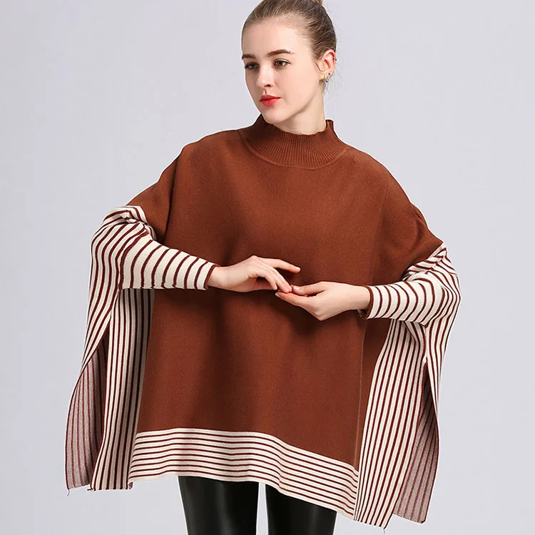 Новое поступление, осенне-зимний Свободный пуловер в полоску, Вязаное пончо для женщин