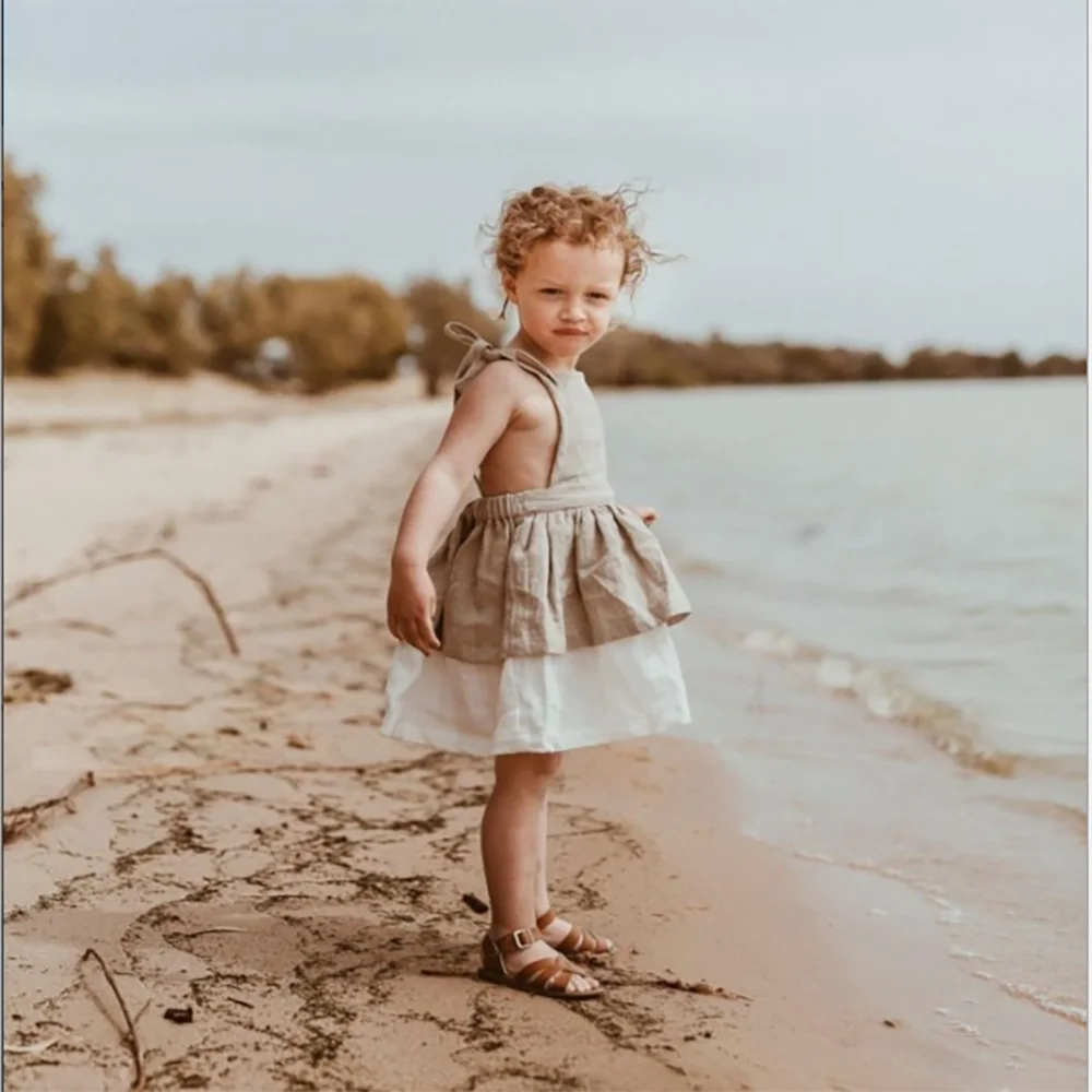 New design toddler girls dress cute sleeveless ruffle dress clothing baby girls linen cotton dress