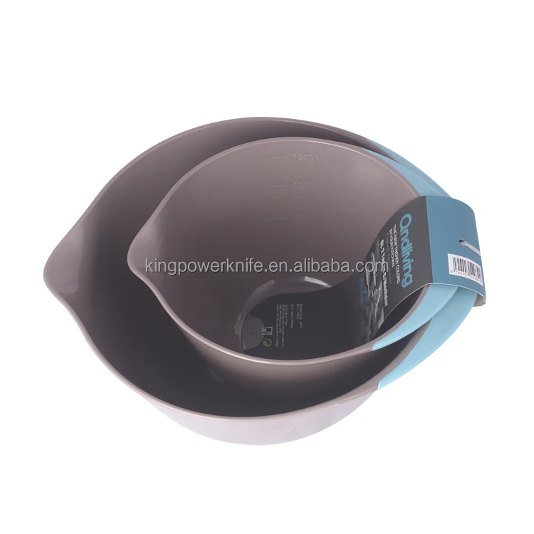 3 Piece Plastic Mixing Bowl Set - Nesting Mixing Bowls with Rubber Grip Handles Easy Pour Spout and Non Slip Bottom - Three Size