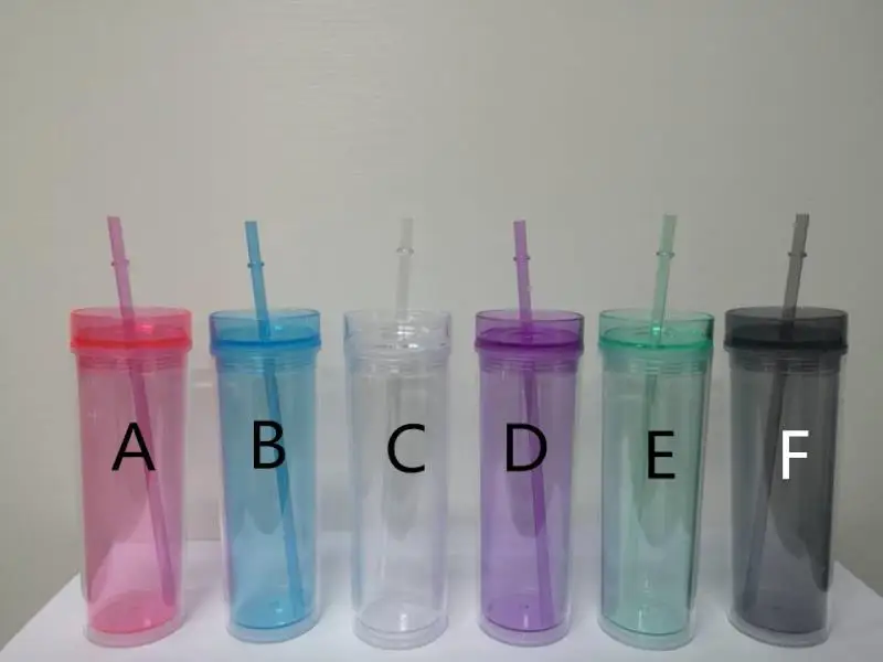 Popular BPA free colorful 16oz acrylic Skinny tumbler with Lid and Straw  double wall reusable plastic skinny tumbler