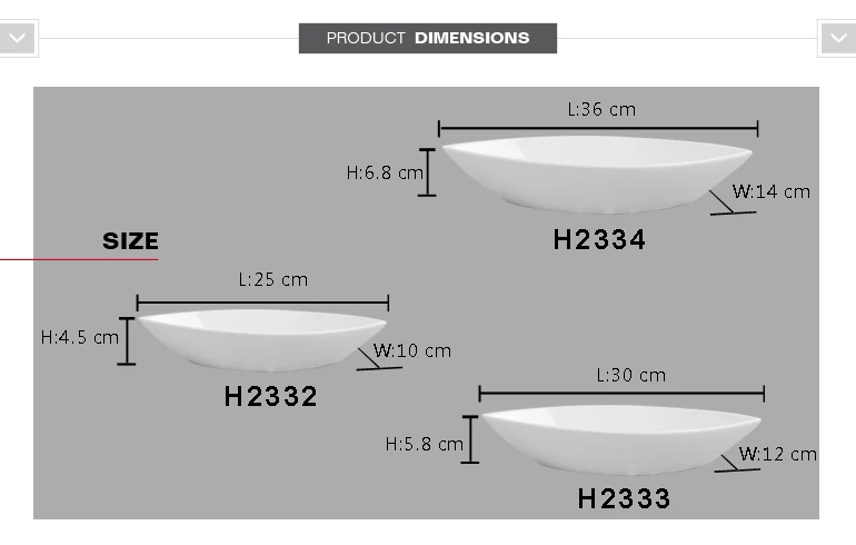 White porcelain dinnerware boat shaped ceramic bowls with different size