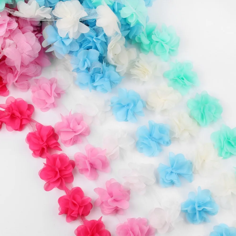 3D Chiffon Fabric Flowers Cluster Fringe Lace Ribbon Trim Organza Cloth Applique Dress Sewing Accessories