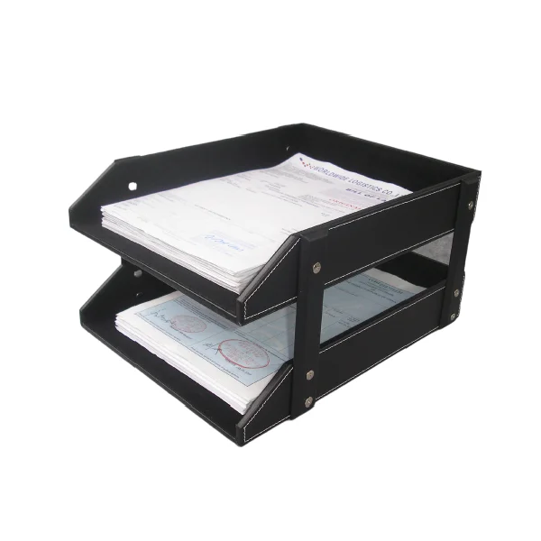 High Quality Brown A4  PU Leather Desktop File Organizer Office 2 Layer File Tray
