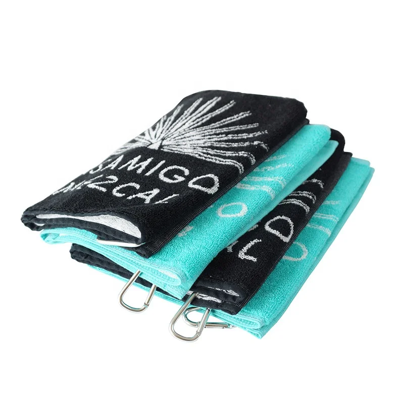 100% cotton Yarn dyed jacquard logo woven sport face towel custom black golf gym hand towels with grommet hooks