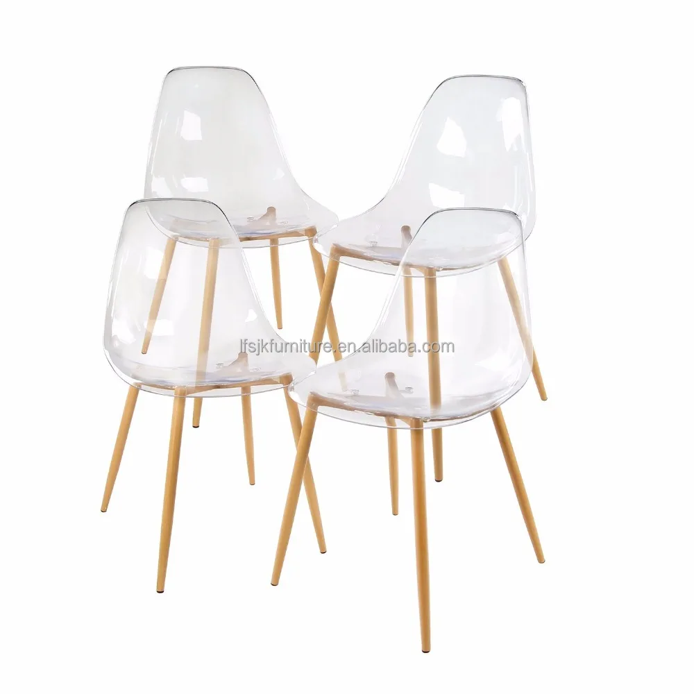 Дешевые акриловые обеденные боковые стулья, прозрачное сиденье с прочными металлическими ножками