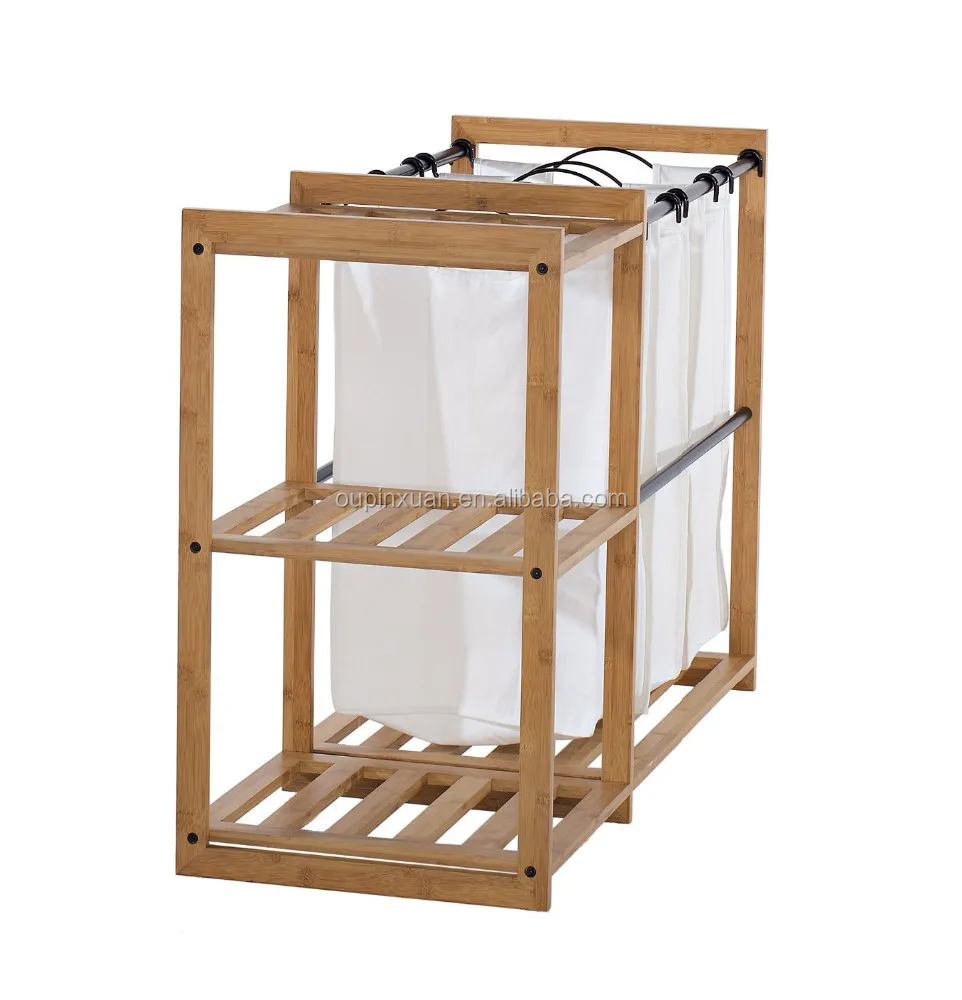 3-Bag Bamboo hot sale laundry cart laundry hamper with bathroom shelf bathroom storage rack