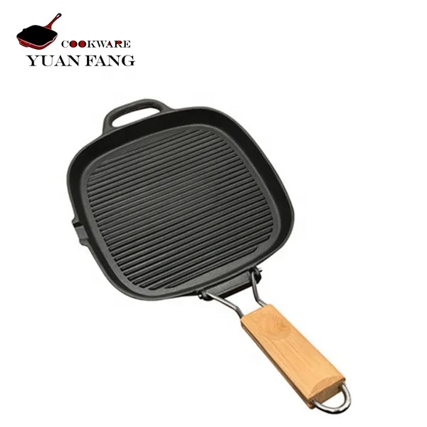 Wholesale Square 27CM Nonstick Cast Iron Non Stick Cooking Steak Frying Pan Skillet with Wooden Folding Handle
