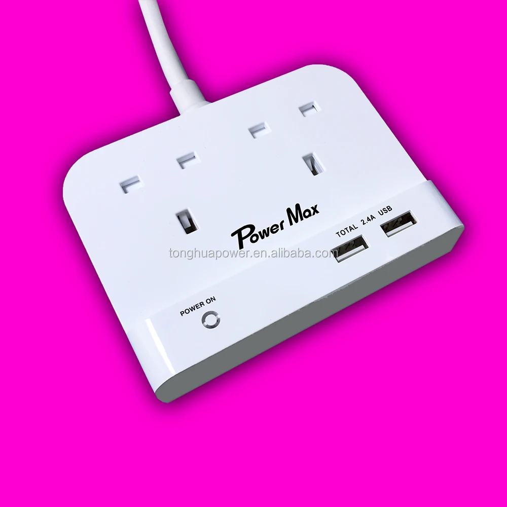 UK Extension Lead way, Extension socket 4 Gang BS CE UK Socket outlet 2 M Double 13 A BS 1363 wall socket with 2USB wall charger
