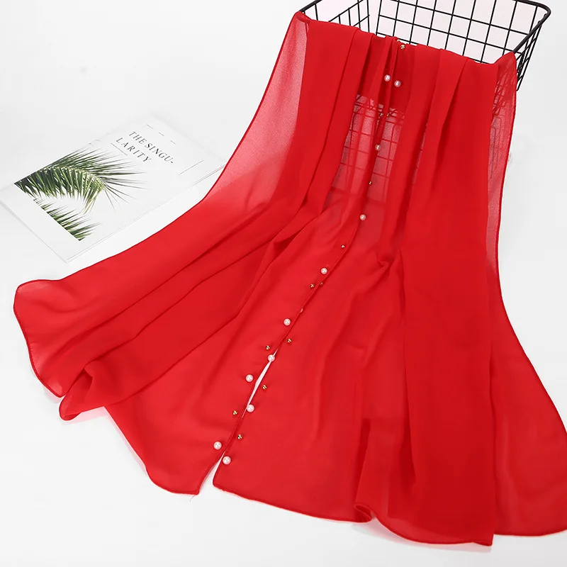 Chiffon 20 colors gold and white pearl hijabs islamic head wraps long muslim beads chiffon plain hijab scarf