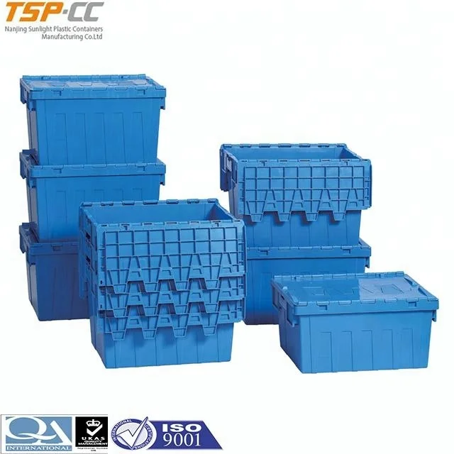 Heavy-duty blue lidded Plastic Container attached lid crate