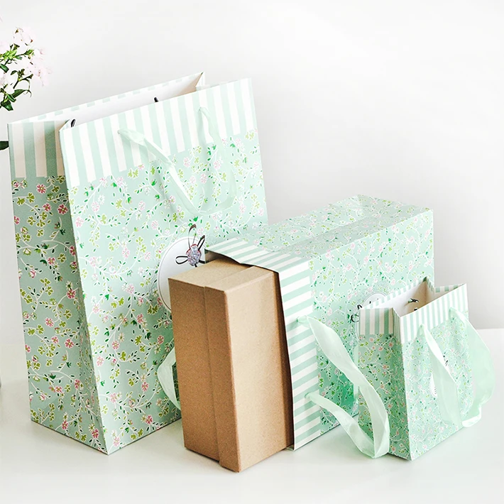 Fashion printed logo fancy shopping paper gift bag with rope