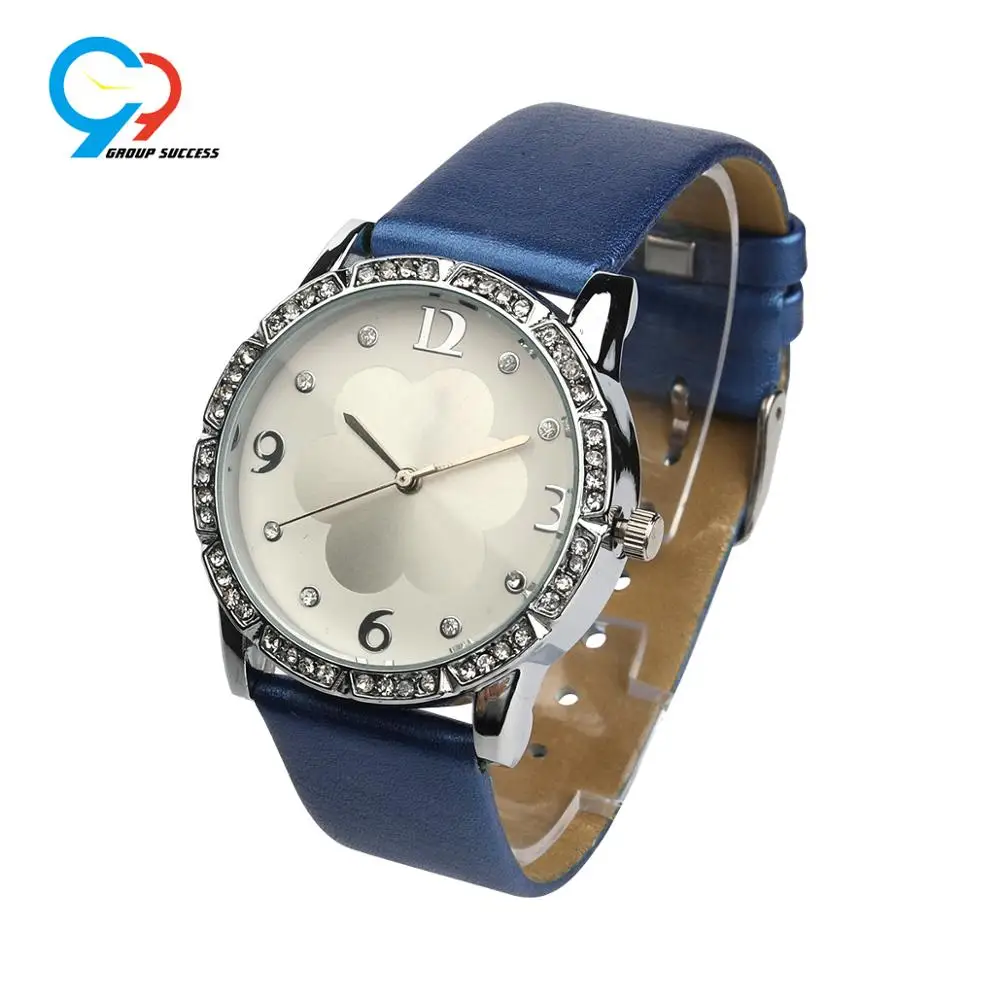 Bottom price flower case and dial smooth leather strap lady watch