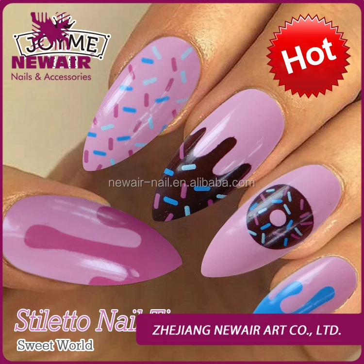 
NEWAIR high quality stiletto nail tips cute ice cream pattern pre designed nail tip full cover false nails 