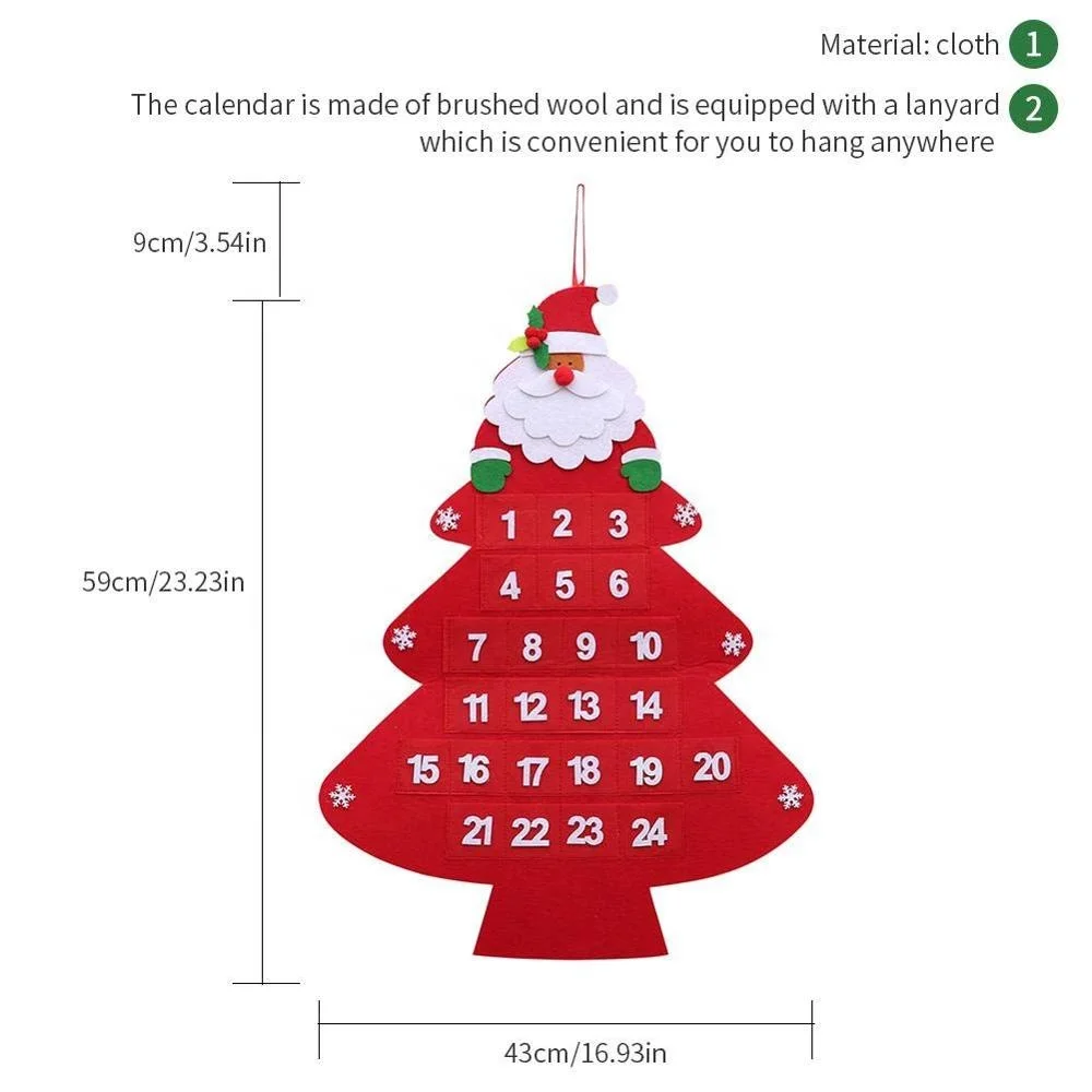 24 Days Christmas Countdown Calendar Wall Hanging Santa Claus Christmas Tree Shaped Felt Advent Calendar with Pockets