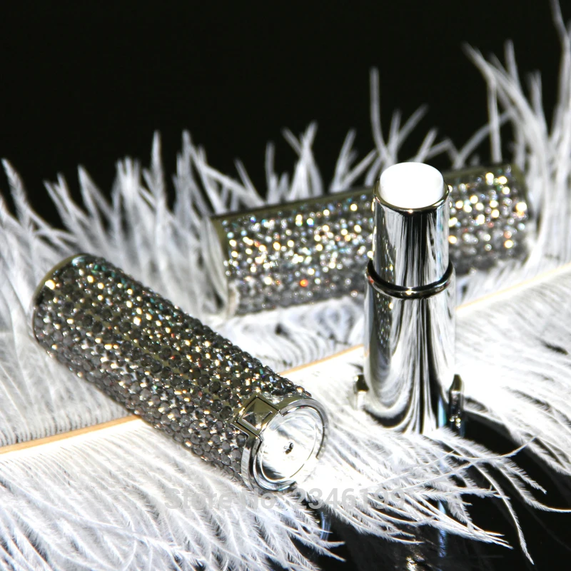 12.1mm Shiny Silver Empty Lipstick Tube Top Grade Elegant  Lip Balm Container with rhinestone