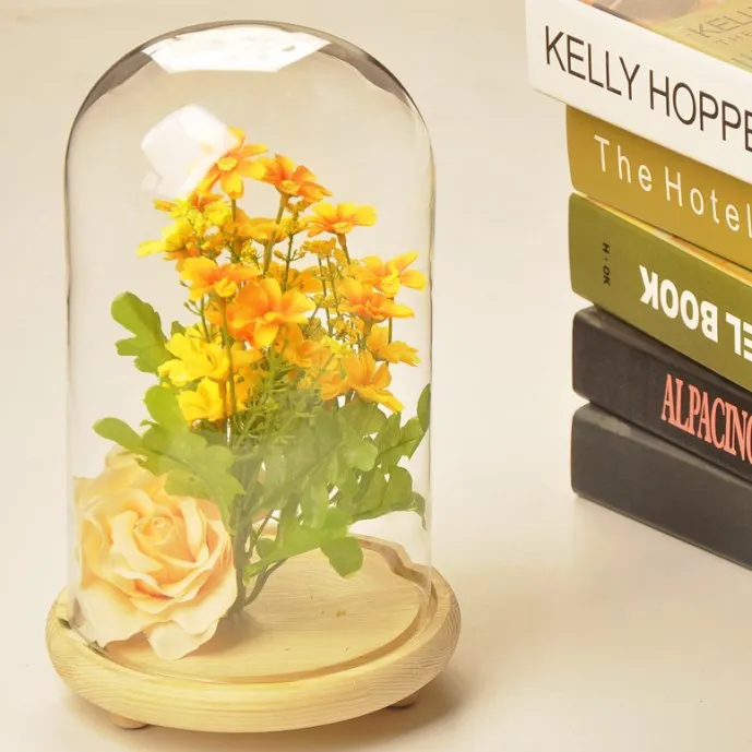 Wholesale Cheap Transparent Dome Glass Hood With Round Wood Base Glass cloche with Oak base for Valuable Gifts Decoration