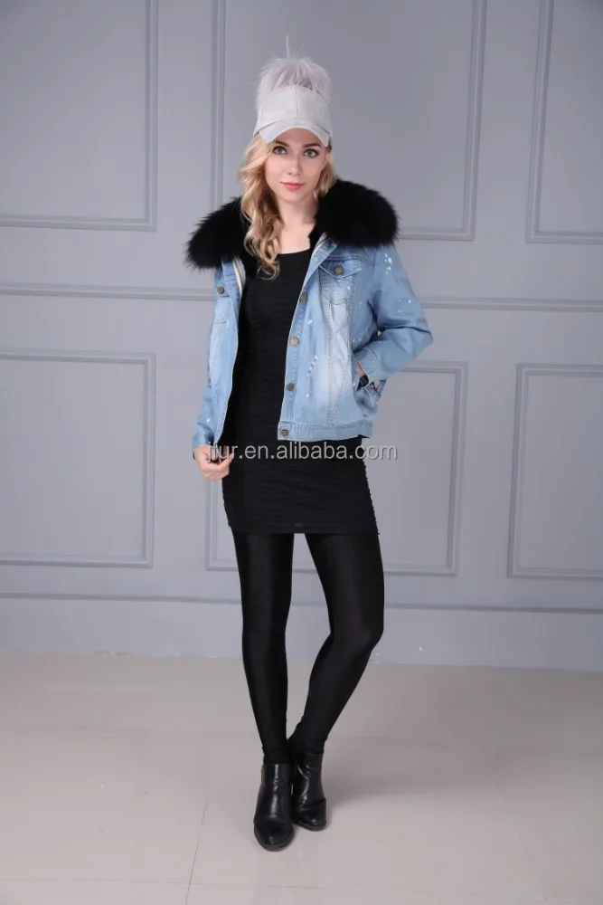 Ladies Fur Lining Jacket for Winter Warm Jeans Parka Coats With Fur Hoods Collars