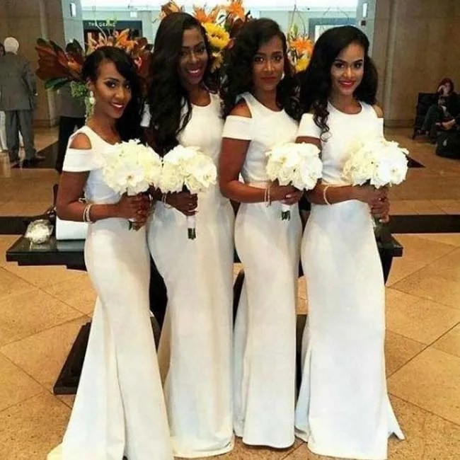 White Western Short Sleeves Long Evening Women Dresses for Bridesmaid
