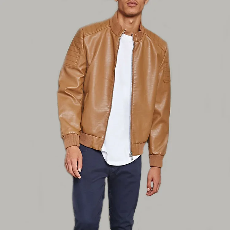 
Motorcycle wear high neckline ribbed stitched leather jacket men 