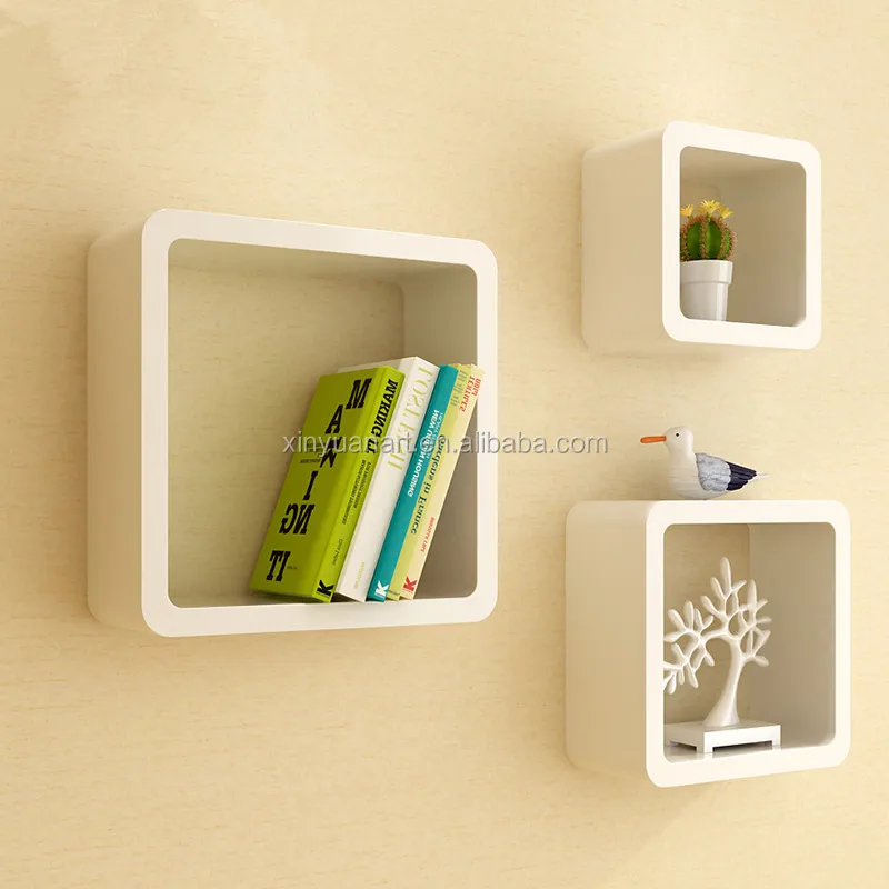 Beautiful model cube wall shelf with round corner set 3 wooden home dispaly shelf