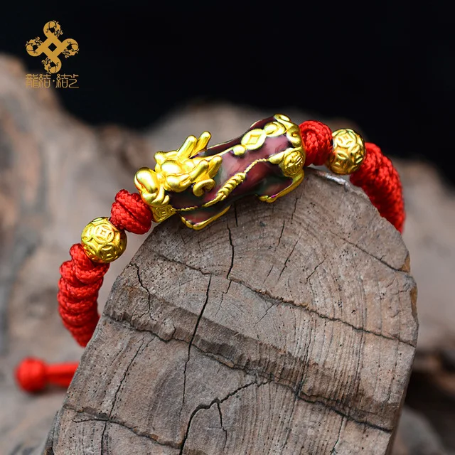 LONGJIE fashion red rope gold-plated  999 silver pixiu bracelet handmade Chinese style jewelry for men