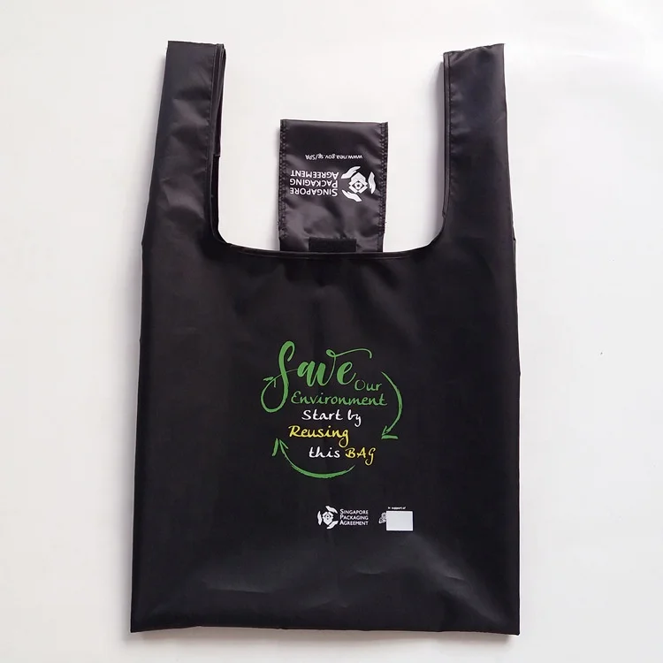 Eco Friendly Black Color Custom Logo Printed Reusable Foldable Tote RPET Nylon Polyester Bag For Promotion