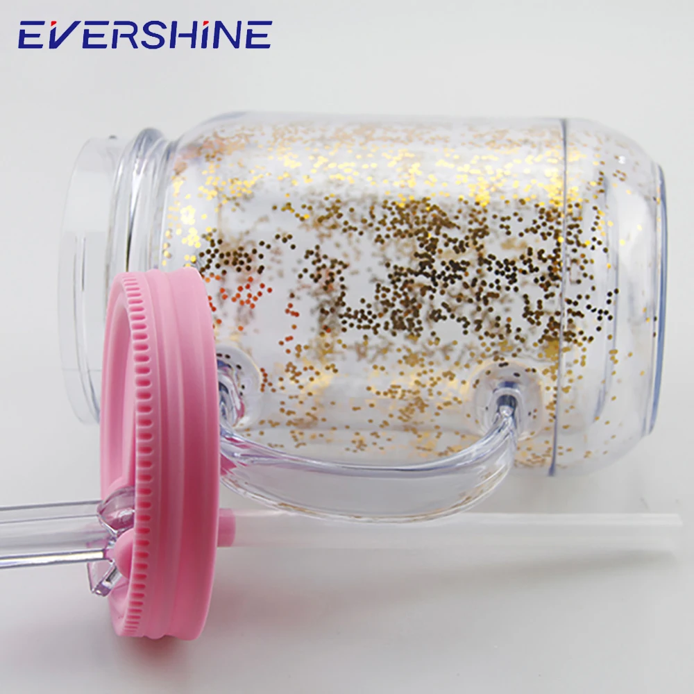 Ningbo wholesale 20oz colorful logo printing double wall drinking plastic mason jar with handle