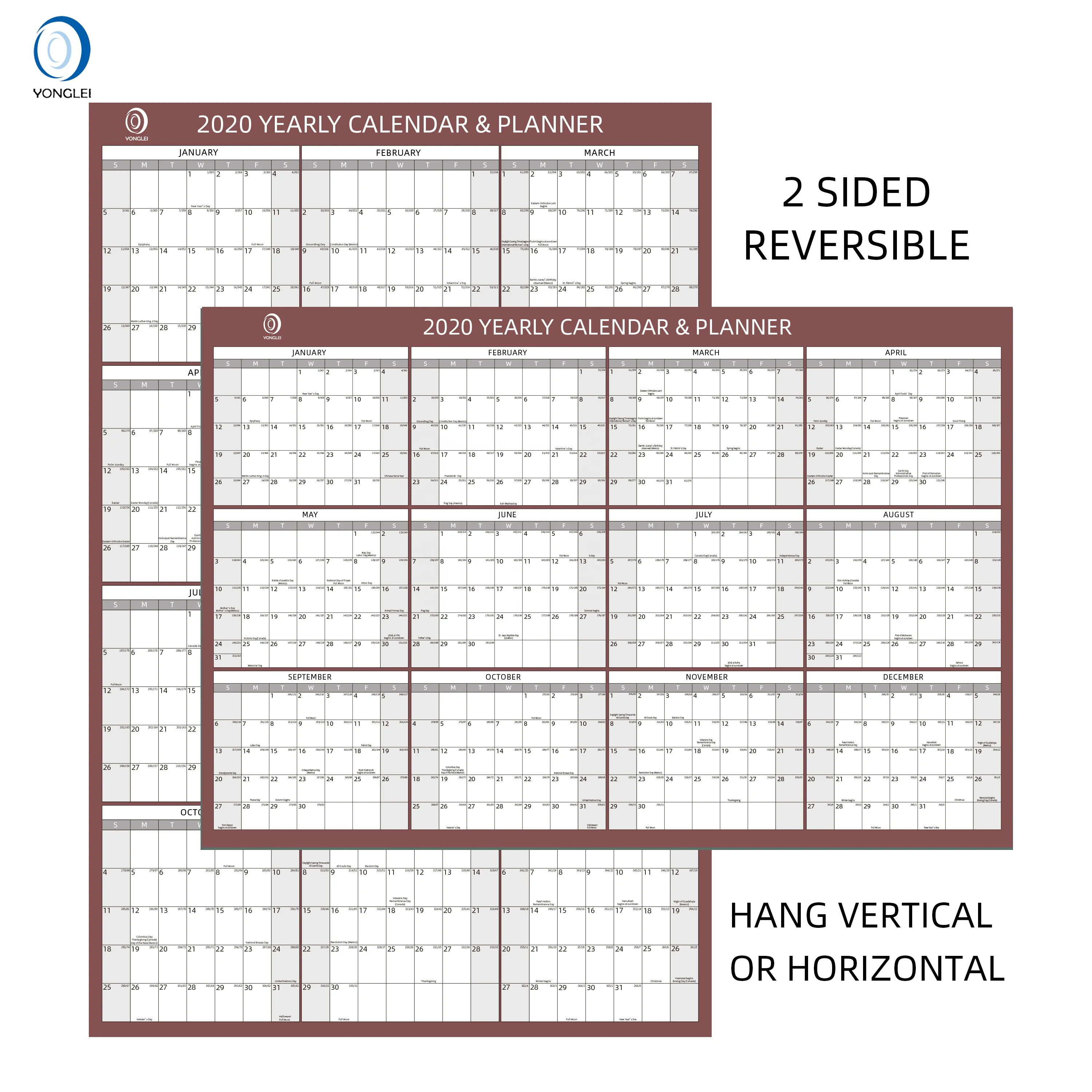 022-1B1 Laminated double sided print large size wall calendar big calendar wall calender