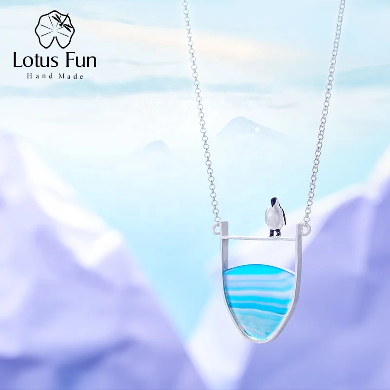Lotus Fun wholesale Custom natural agate 925 Sterling silver Penguin moon necklace for women Jewelry