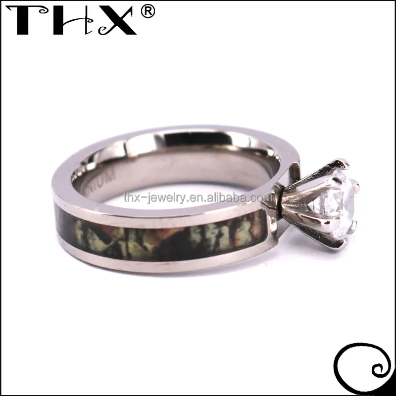 Real Tree Forest Camo Titanium Rings for Women with Cubic Zirconia 5mm