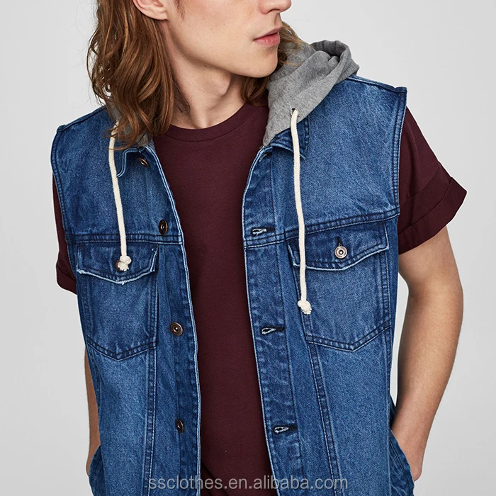 High quality fashion cheap price wholesale casual men blue hooded denim vest with hoodie