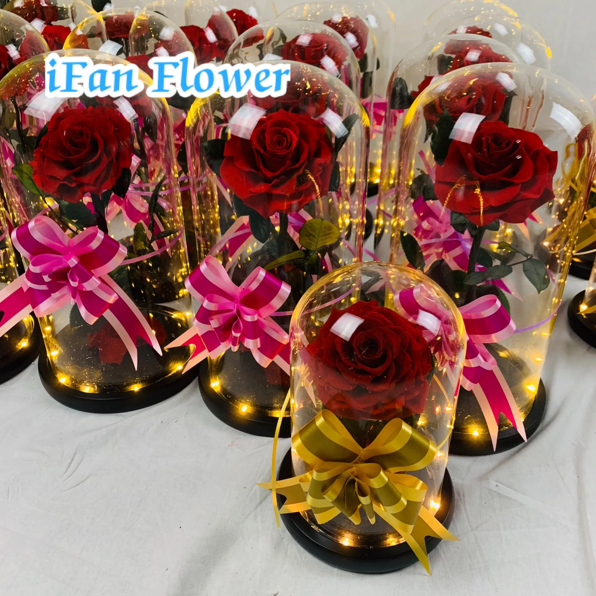 Home table decoration natural eternal red rose decorative preserved rose flower in glass with led light