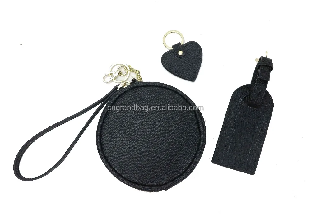 
stock small gift portable wristlet pouch wallet saffiano leather key chain round coin purse 