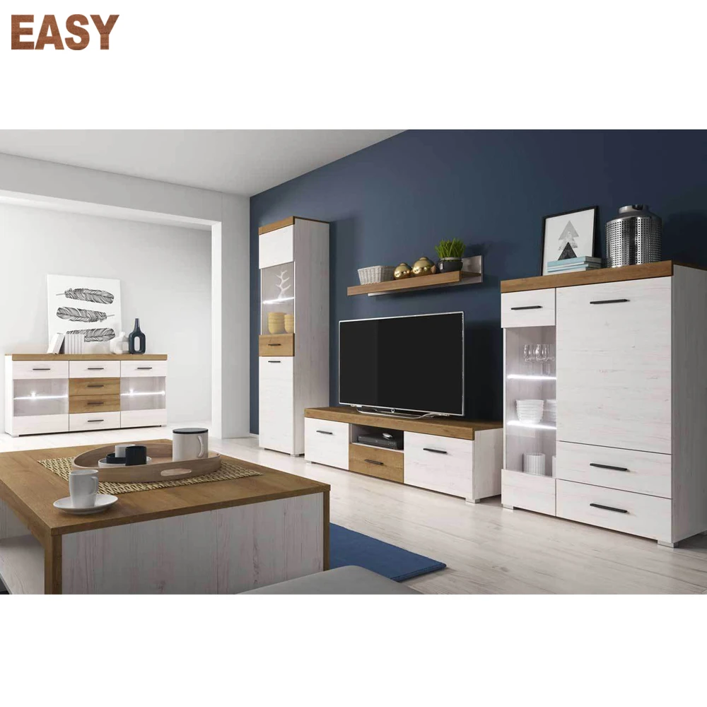 Living Room Furniture Set Unit Display Cabinet Shelves Wood Effect Tv Glass TV Stand Modern Wooden 3mm MDF Adjustable (height)