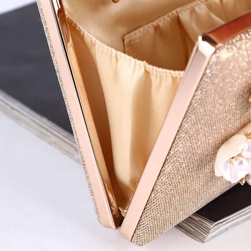 Factory direct wholesale pretty floriation shining fabric wedding party prom champagne ladies clutch bag with good quality