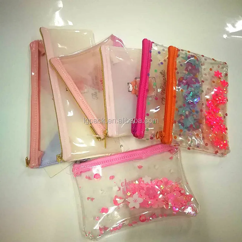 Cute Transparent Glitter Stars PVC Waterproof Pencil Case Fashionable Zipper Closure Cosmetic Bag with Custom Logo