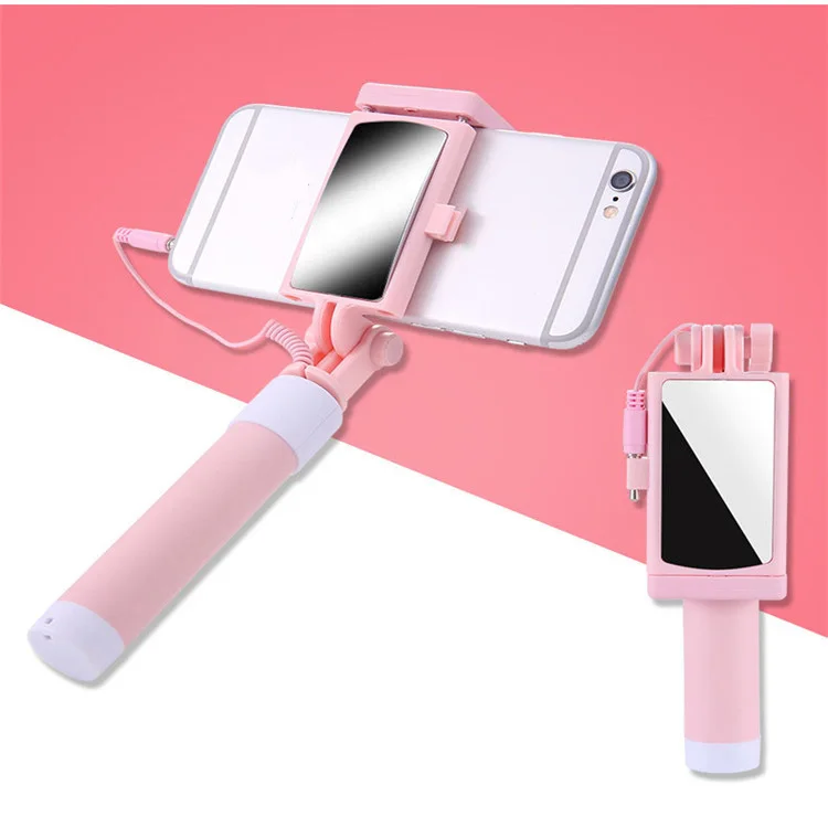 
universal mini foldable wired phone selfie stick with mirror 