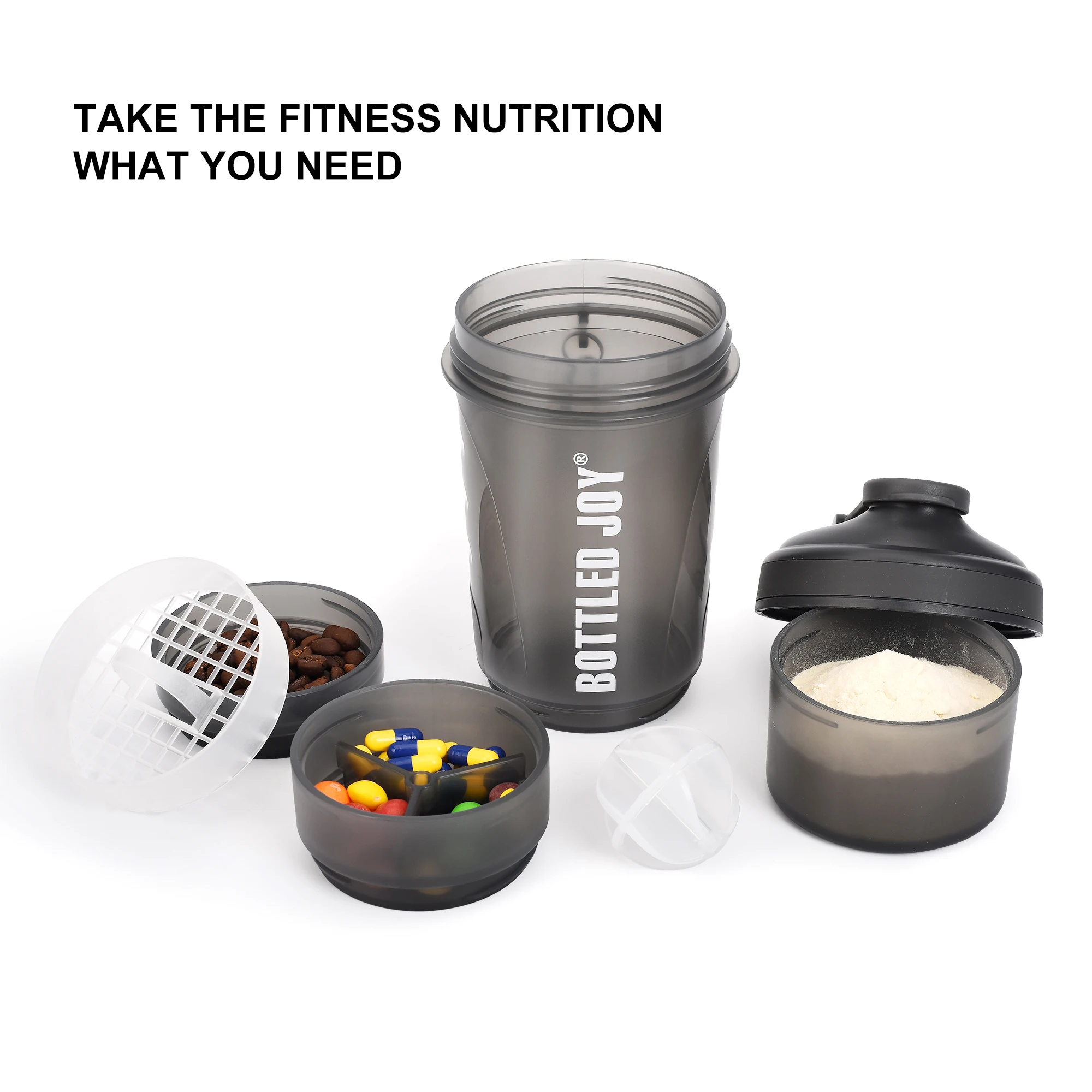 
Customized Joyshaker Plastic protein shaker bottle powder storage,Protein Shaker Cup with mixer ball wholesale 
