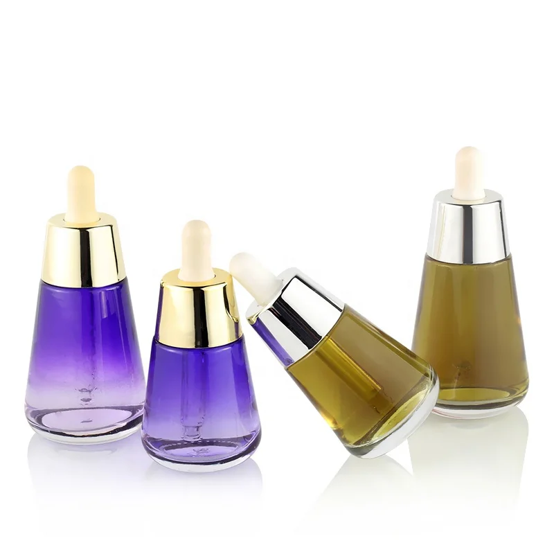 Quality transparent conical translucent brown/purple essence stock glass dropper bottle