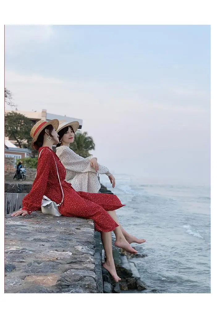 bohemian Polka dot dress French retro dress 2019 spring Victorian chiffon dress button down