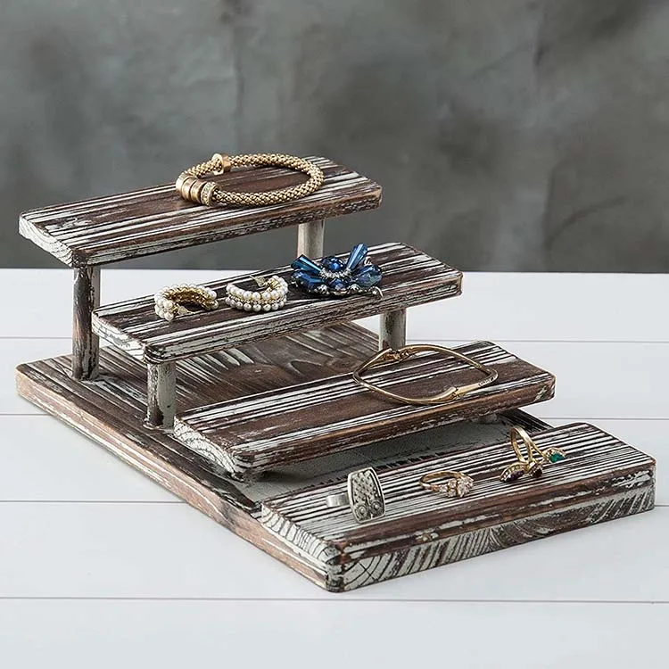 4-Tier Rustic Torched Wood Sunglasses Display Stand