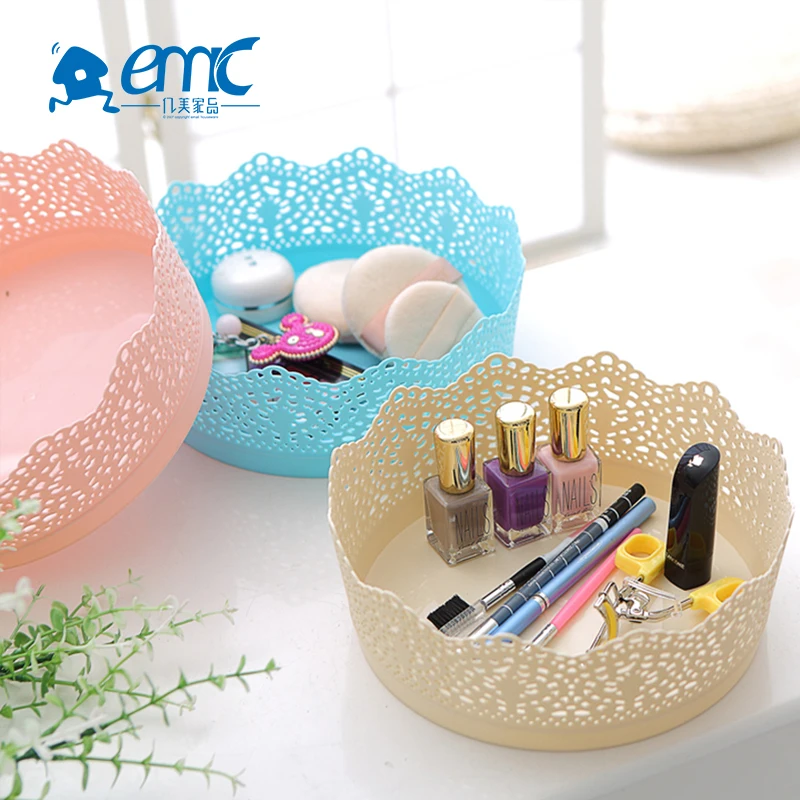 Лучшая цена, круглая пластиковая корзина для хранения косметики с цветочным узором