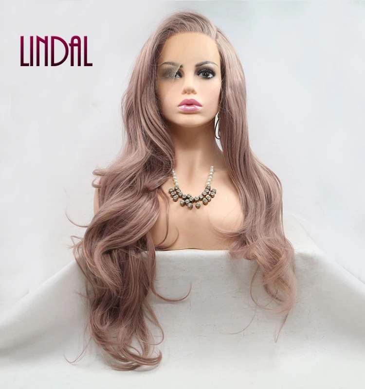 LINDAL Rose Gold Synthetic Lace Front Wig Long Wavy Natural Hairline Heat Resistant Fiber Hair Peach Pink Glueless Lace Wigs